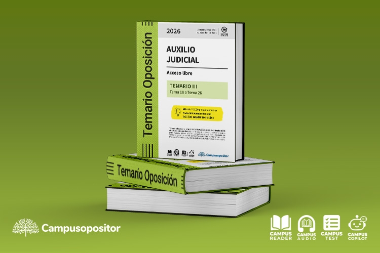 Campus Opositor lanza los temarios 2026 de Auxilio Judicial en 3 tomos con audio y copiloto de IA
